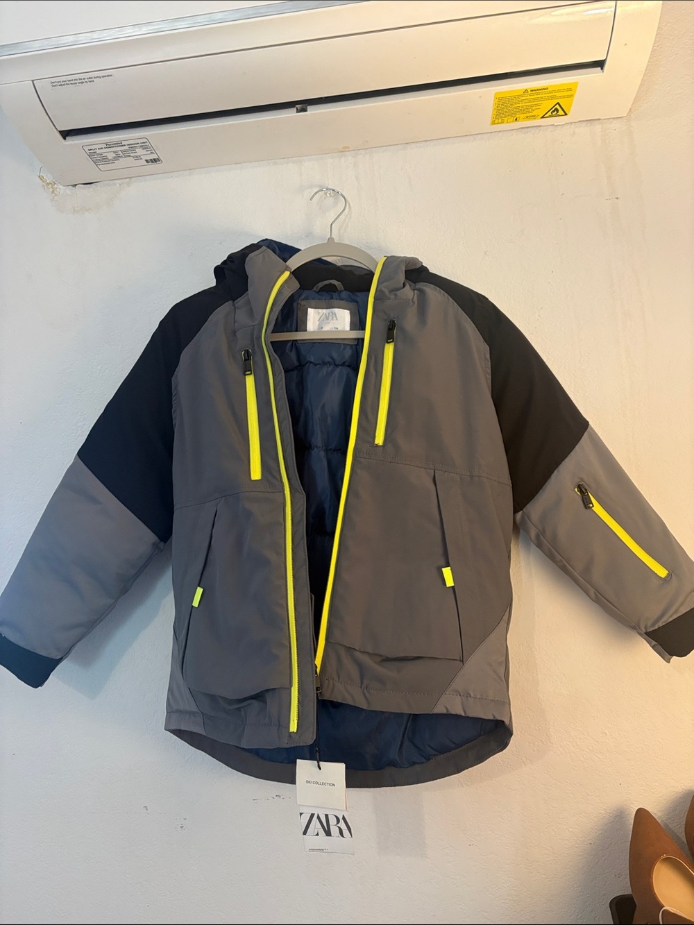 Zara Kids Gray & Black Hooded Puffer Jacket with Neon Yellow Trim